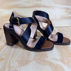 Coach Mandy Black Leather & Suede Studded Block Heel Sandals